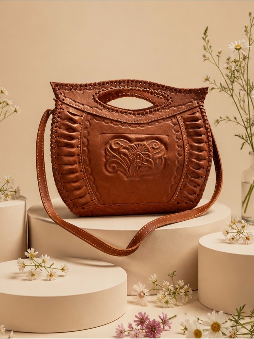 Hand-Tooled Leather Crossbody Bag in Brown